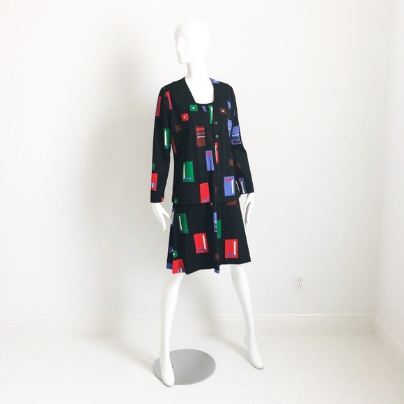 True Vintage Arpeja Mod Print Dress & Jacket Set 2pc Black Red 70s Size 12 - Picture 2 of 8
